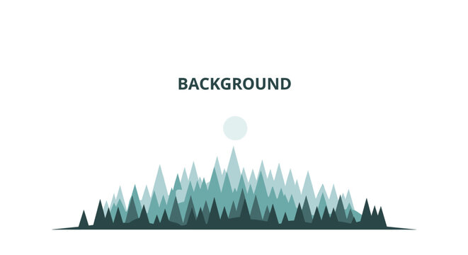 Minimalist graphic illustration of a stylized forest landscape with evergreen trees and a subtle sun on a white background, perfect for design projects.