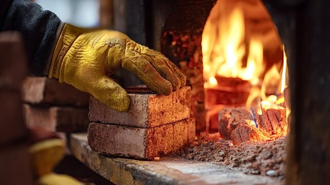 Worker hand placing bricks into a hot furnace