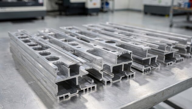 Medium shot of highprecision aerospace stiffener extrusions showcasing intricate stringers designed for wing reinforcement with exacting tolerances in a clean industrial setting.