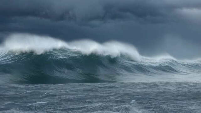 Aerial slow motion pan of ocean waves crashing and breaking in open stormy sea under dark overcast sky