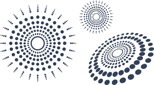 Navy blue dotted shapes set with spiral and sunburst patterns dots