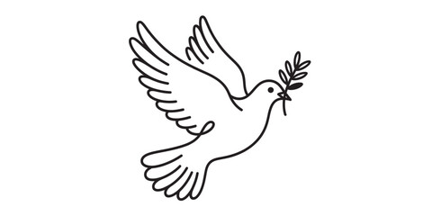 Fototapeta premium flying dove holding olive branch in beak minimalist line art