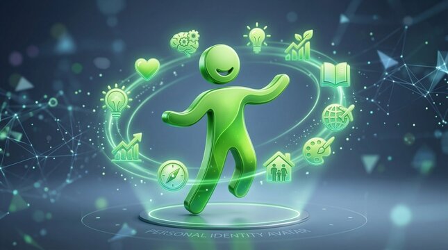 A green humanoid figure dances surrounded by glowing icons and symbols in a futuristic environment.