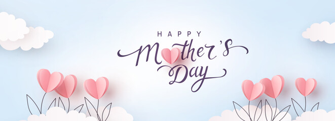 Mother's day postcard with pink paper flowers on blue sky background. Vector symbols of love in shape of heart for greeting card design © Kindlena