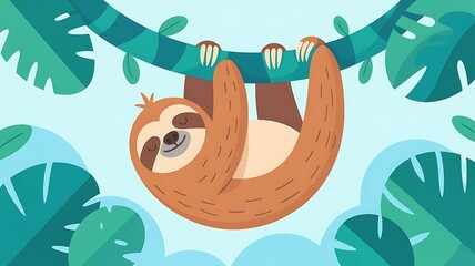 Fototapeta premium Sloth hanging upside down on branch with tropical leaves smiling face jungle scene