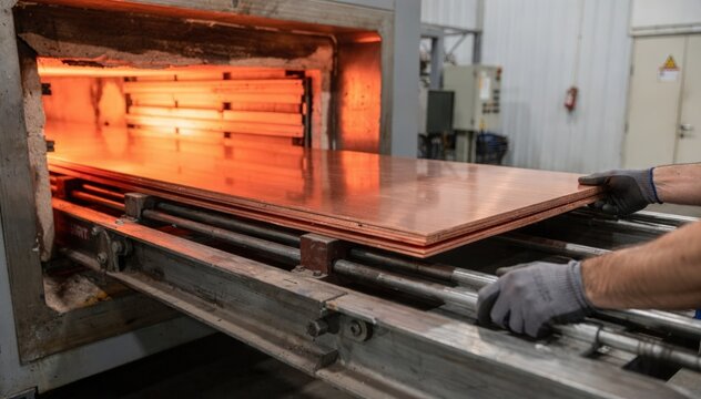 Medium shot of copper sheets being loaded into a batch furnace for recrystallization annealing showcasing controlled heating to restore metal ductility.