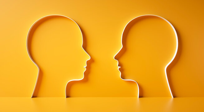 Two mirrored head outlines facing each other in front of a vibrant yellow wall