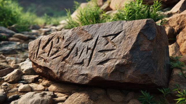 An ancient stone tablet with weathered carvings rests among smaller rocks and green foliage, hinting at a forgotten history and a connection to nature's endu legacy.