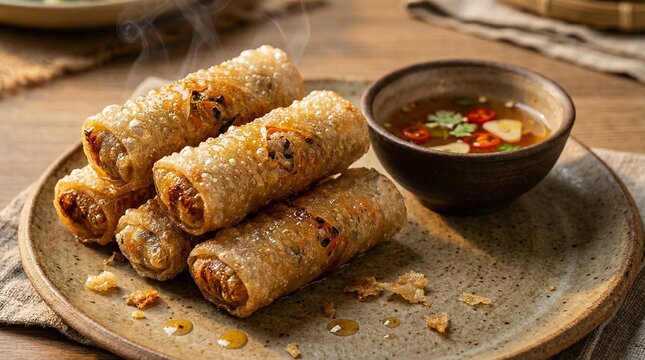 Crispy Fried Vietnamese Spring Rolls Nem Ran with Dipping Sauce