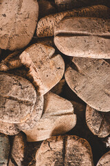 Abstract arrangement of dusty vintage fishing floats with cork texture and warm rustic maritime character. © Trygve