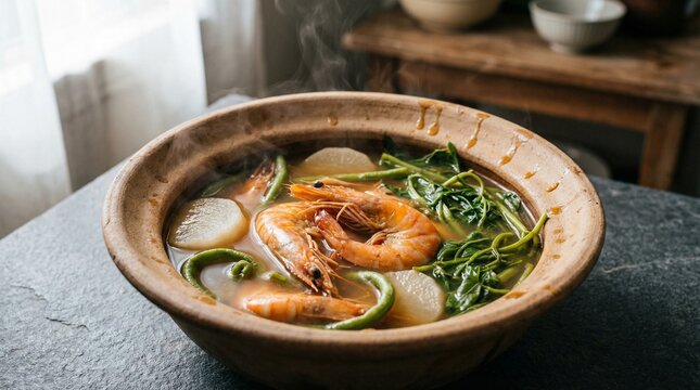 Filipino Sinigang Sour Soup with Shrimp and Vegetables