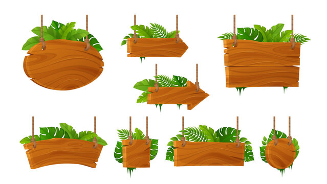 Wooden sign board with jungle tropical leaves - game UI element. Cartoon forest frame - rustic plank signage plaque hanging on rope with wood texture lush monstera for adventure backgrounds.