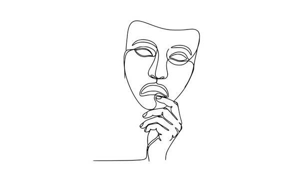 Continuous line drawing hand holding theater mask entertainment performing arts World Theatre Day vector illustration