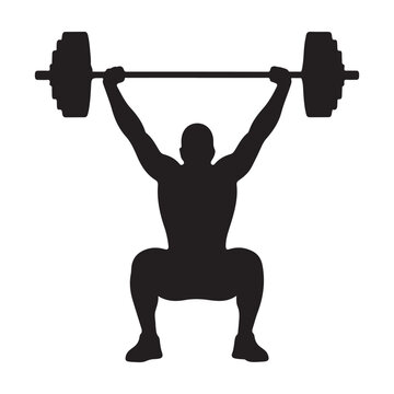 Black silhouette of a weightlifter performing a snatch or overhead squat with the barbell fully extended and knees bent deep vector