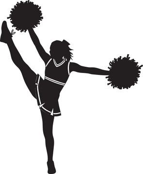 Cheerleader silhouette performing high kick with pom-poms, dynamic athletic pose, sports event energy, cheerleading competition routine artwork, flat vector illustration