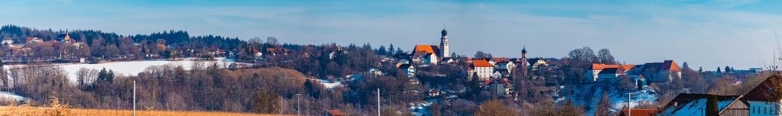 Fototapeta premium High resolution stitched winter panorama on a sunny day near Bad Griesbach, Passau, Bavaria, Germany