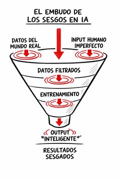 AI Bias Infographic in Spanish Showing Funnel from Real World Data to Biased Results Output