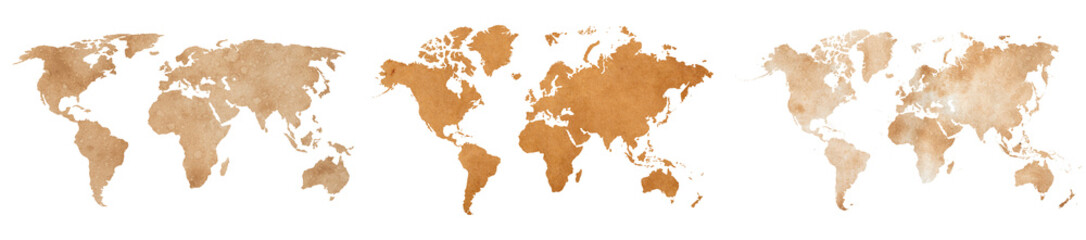 Set of world maps with brown paper and watercolor textures, vintage earth silhouettes, recycled cardboard and sand pattern global maps © agrus