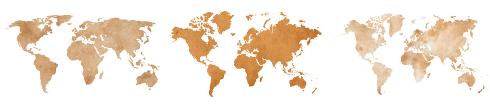 Set of world maps with brown paper and watercolor textures, vintage earth silhouettes, recycled cardboard and sand pattern global maps