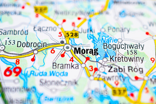 Detailed road map close up of Morag town in Poland with surrounding lakes and regional roads.