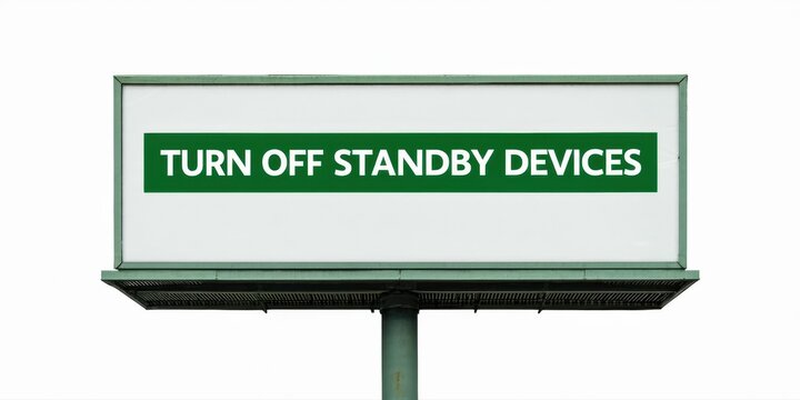 Billboard displays message requesting standby devices be turned off. Simple design, white background, green text. Minimalist presentation.