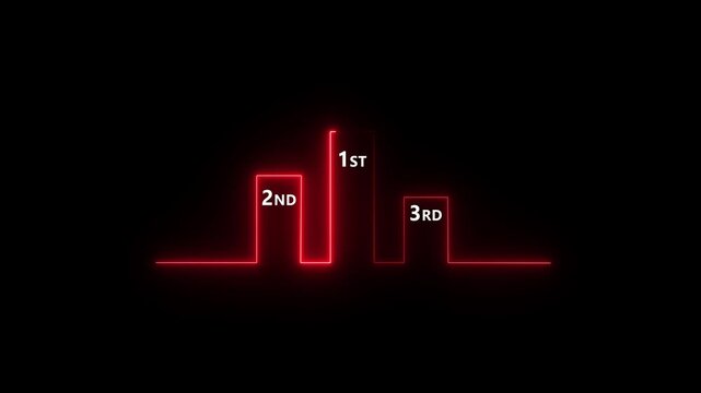 A minimalist neon depicting a three-tiered podium with "1st", "2nd", and "3rd" labels on a dark black background, representing competition and achievement with a futuristic glow