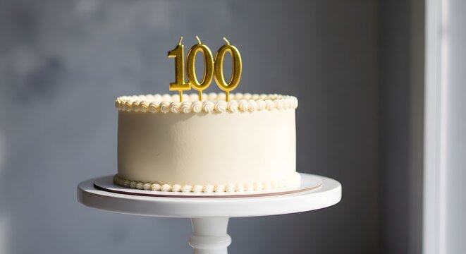 A white cake with 100 candles on a stand