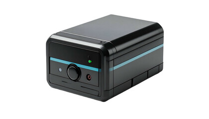 Obraz premium A small, black and teal electronic device, possibly a media player or computer, isolated