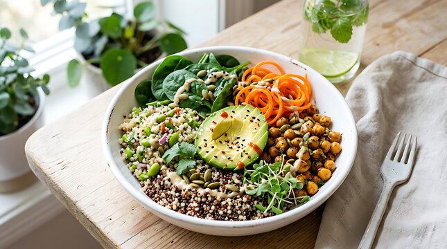 Healthy quinoa salad bowl with avocado chickpeas and vegetables on wooden table indoors transparent background