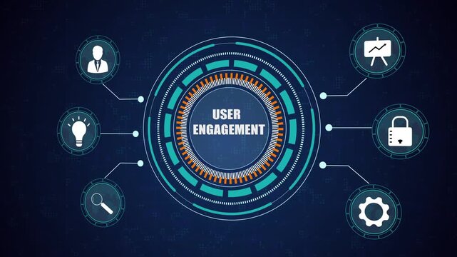 User engagement dashboard with futuristic HUD interface, interactive business icons for customer experience, digital marketing growth, and web data.