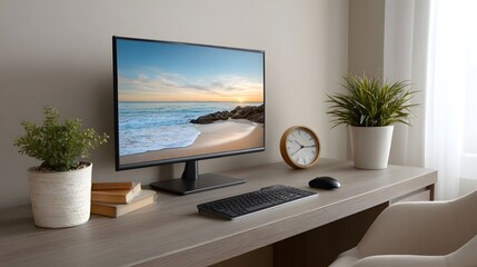 Fototapeta premium Modern workspace with a computer displaying a serene beach sunset complemented by plants and desk accessories
