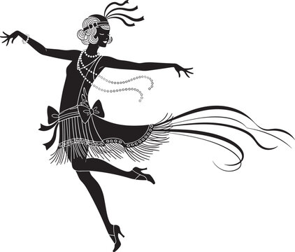 Elegant 1920s flapper dancer in vintage jazz age outfit, swinging pearls, feather headband, dynamic pose, roaring twenties fashion, flat vector illustration