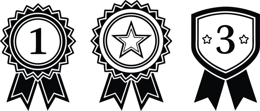 Black and white ranking badges with numbers and stars ribbon rosette shield