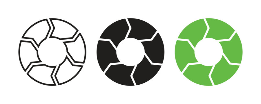 Set of three circular segmented arrow symbols in black outline and green for recycling sustainability and business process workflow management. Circular economy loops elements vector design.