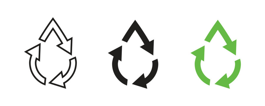 Set of three water drop recycling symbols in black outline and green for liquid conservation and environmental sustainability. Circular economy loops elements vector design.