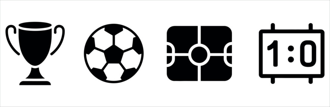 Minimalist flat design icons depicting a soccer trophy, ball, net, and 1-0 scoreboard for sports victory, competition, and success themes in marketing and education.