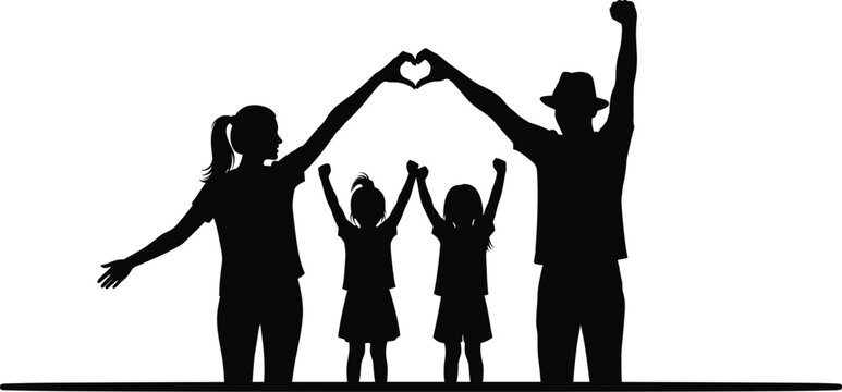 Family silhouette with heart shape, parents and children unity, love bond, parenting care, togetherness concept, joyful connection, flat vector illustration