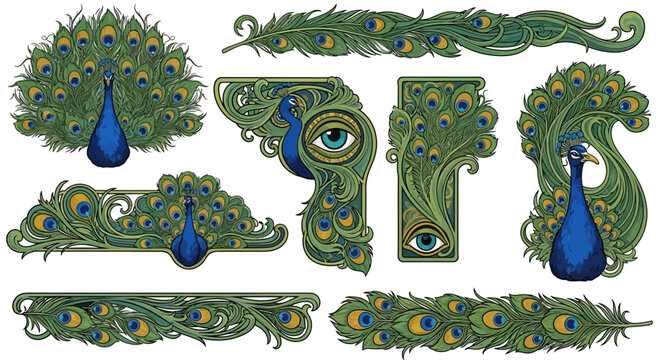 Art Nouveau Peacock Motifs and Iridescent Feather Vector Borders