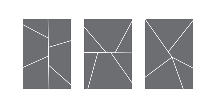 Image collage layout template set. Black mosaic mood board grid collection. Vector 6-7 picture slot composition arrangement. Photo album or memory wall idea for banner, poster, mockup, flyer, brochure