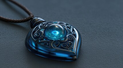 Fototapeta premium Glowing blue glass evil eye pendant with intricate metal engravings rests on dark surface emitting soft light