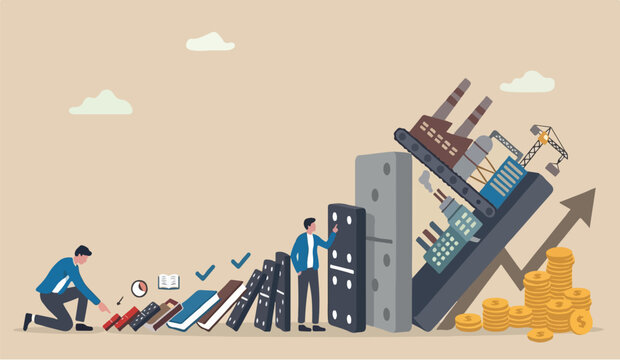 Small to for gohabits change increase productivity,Big industrial efficiency or improvement, easy way to win business success or make a big impact concept, businessman pushing tiny domino to make