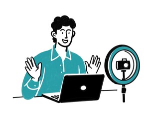 Ilustración de influencer grabando un capitulo de su serie con su laptop, camara y aro de luz