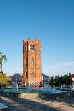 Yelets, Lipetsk Oblast, Russia, September 21, 2025: The Yelets chimes in the water tower next to the fountains of Bunin Square