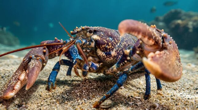 Macro shot of a blue lobster walking across a sandy seabed, detailed close-up of its shell texture, eyes, and claws with grains of sand, the lobster moving smoothly with one claw gently waving