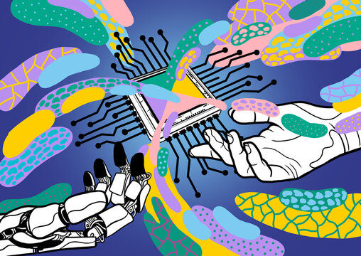 Human Hand and Robot Hand with Computer Chip and Colorful Abstract Elements on Blue Background