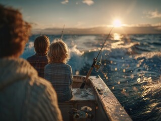 Fototapeta premium family fishing together on small boat in open sea
