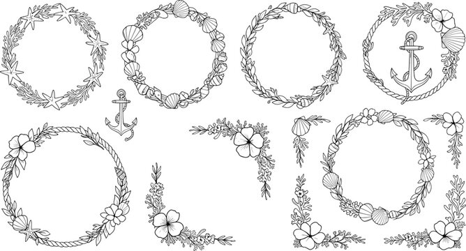 Nautical Floral Wreath Frame Line Art Set Featuring Anchors, Seashells, Leaves and Decorative Circular Borders Collection