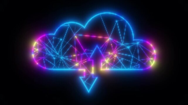 Futuristic Glowing Neon Plexus Wireframe Cloud Computing Concept with Upload and Download Arrows Representing Digital Data Transfer and Network Connectivity on Black Background backdrop 4k loop
