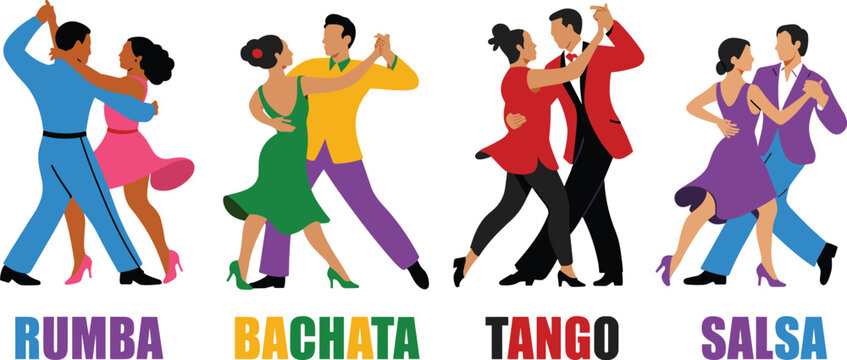 Professional ballroom dance couple collection featuring rumba bachata tango and salsa dancers in colorful flat vector style for latin music party and dance studio promotion design.