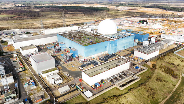Aerial view of the contrasting textures of the Sizewell Power Station against the backdrop of the United Kingdom's landscape, Sizewell Power Station, Leiston, United Kingdom.